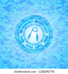 hand gripper icon inside light blue emblem. Mosaic background