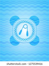 hand gripper icon inside light blue water wave badge.