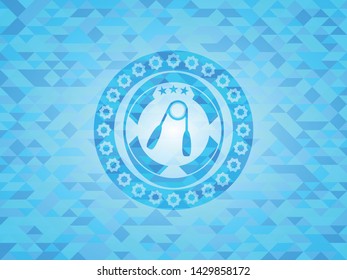 hand gripper icon inside light blue emblem with mosaic ecological style background