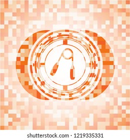 hand gripper icon inside orange tile background illustration. Square geometric mosaic seamless pattern with emblem inside.