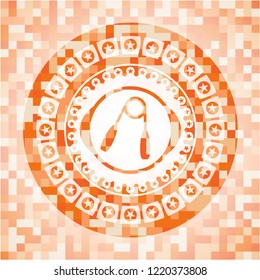 hand gripper icon inside orange tile background illustration. Square geometric mosaic seamless pattern with emblem inside.