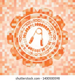 hand gripper icon inside orange tile background illustration. Square geometric mosaic seamless pattern with emblem inside.