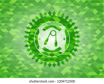hand gripper icon inside realistic green emblem. Mosaic background