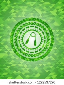hand gripper icon inside realistic green emblem. Mosaic background