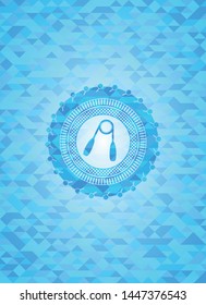 hand gripper icon inside realistic light blue mosaic emblem