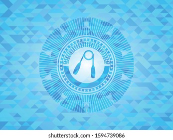 hand gripper icon inside realistic sky blue mosaic emblem