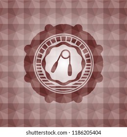 hand gripper icon inside red seamless geometric pattern emblem. Seamless.