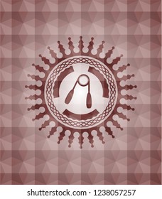 hand gripper icon inside red seamless emblem or badge with geometric pattern background.