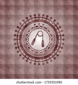 hand gripper icon inside red seamless geometric pattern emblem. Seamless. 