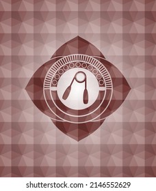 hand gripper icon inside red emblem with geometric pattern. Seamless. 