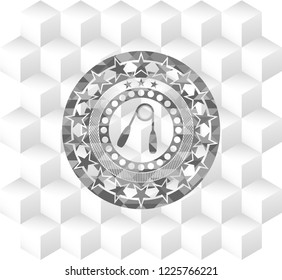 hand gripper icon inside retro style grey emblem with geometric cube white background
