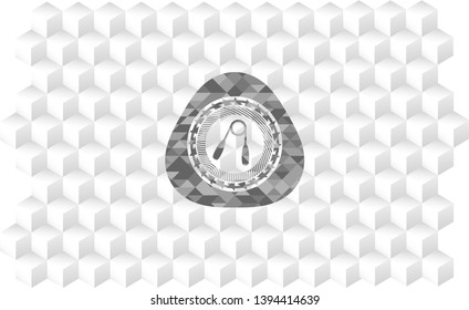 hand gripper icon inside retro style grey emblem with geometric cube white background