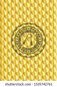 hand gripper icon inside shiny golden badge. Scales pattern. Vector Illustration. Detailed.