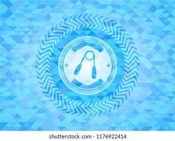 hand gripper icon inside sky blue emblem with triangle mosaic background