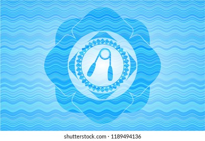 hand gripper icon inside sky blue water emblem.