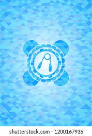 hand gripper icon inside sky blue emblem with triangle mosaic background