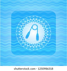 hand gripper icon inside sky blue water style badge.