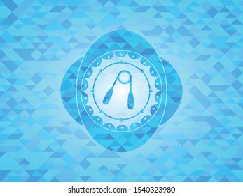 hand gripper icon inside sky blue emblem. Mosaic background