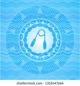 hand gripper icon inside water wave representation emblem background.