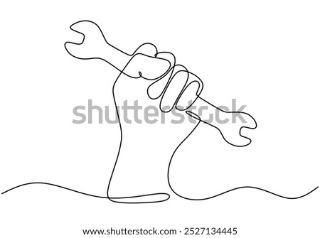 Hand gripping an adjustable wrench in one continuous line drawing. Symbolizing repair and maintenance tools. Hand-drawn illustration for construction themes.