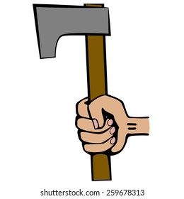 Hand gripping the ax. Cartoon. Flat.