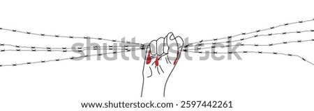 Hand Gripping Barbed Wire Line Art. Imprisonment and refugee camp concept vector