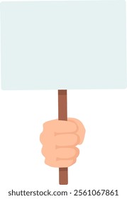 Hand gripping a blank protest sign featuring a wooden stick, poised for personal messages, set against a clean white background, ideal for expressing opinions and advocating for change