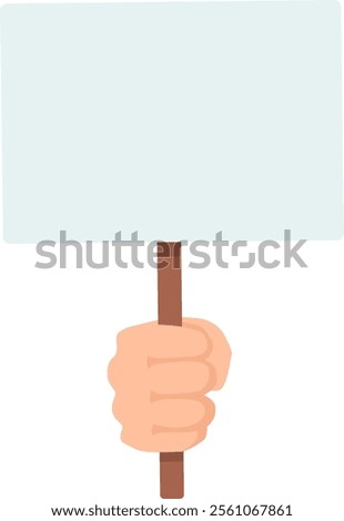 Hand gripping a blank protest sign featuring a wooden stick, poised for personal messages, set against a clean white background, ideal for expressing opinions and advocating for change