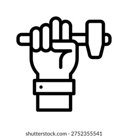 Hand gripping dumbbell for strength training. Single Line Icon.