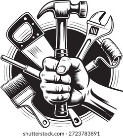 O martelo de agarrar a mão é cercado por várias ferramentas em um emblema circular representando o artesanato e as habilidades de trabalho manual, simbolizando o trabalho de construção e reparação.