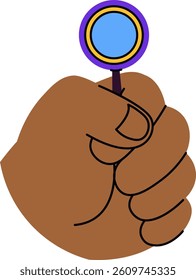 A hand gripping a magnifying glass with bold outlines and simple shapes. The illustration depicts a clenched fist holding a small circular lens. Cartoon vector illustration.
