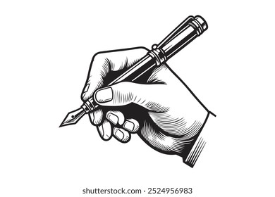A hand gripping a pen, hand holding a pen, writing icon in a vector doodle style.