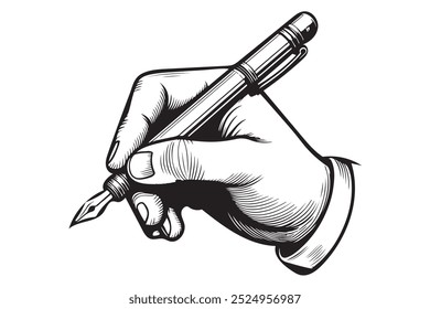 A hand gripping a pen, hand holding a pen, writing icon in a vector doodle style.