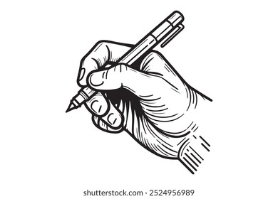 A hand gripping a pen, hand holding a pen, writing icon in a vector doodle style.