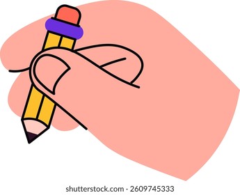 A hand gripping a pencil with a simple, bold line style. Fingers wrap around the writing tool in a minimalist depiction. Cartoon vector illustration.