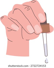 Segurando uma pipeta com a mão com uma gota caindo, linhas de contorno limpo e sombreamento mínimo. Símbolo de cuidados da pele, medicina, dosagem e precisão no cuidado de laboratório e rotina cosmética. Ilustração de vetor de desenhos animados.