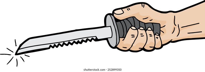 Hand gripping a single serrated dagger over white