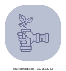 Hand gripping small pot containing growing plant, symbolizing environmental care and importance of nurturing nature. Sustainability and growth concept