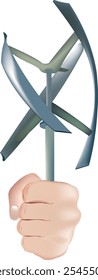 Hand gripping small vertical axis wind turbine promoting renewable energy and eco friendly solutions