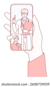 A hand gripping a smartphone that shows a virtual doctor consultation, perfect for healthcare media promotion