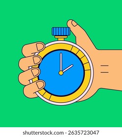Hand gripping a stopwatch on a green background in cartoon hand drawn vector illustration for themes like time management, deadlines, or sports timing
