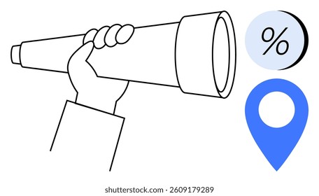 Hand gripping a telescope, aiming at percentage symbol and location pin. Ideal for financial planning, navigation, future forecasting, strategy development, business growth, investment insights