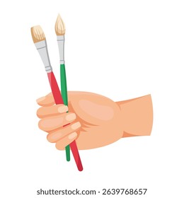 Hand gripping two paintbrushes with red and green handles in flat style on white background. Concept of art, creativity, and painting. Vector illustration