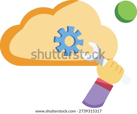  A hand gripping a wrench beneath a cloud filled with gears