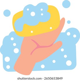 Hand gripping a yellow soap with rich blue foam, illustrating clean hygiene practices in a simple and colorful flat design.