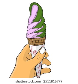 A hand grips a colorful ice cream cone featuring pink and green swirls, highlighting its appealing and refreshing appearance.
