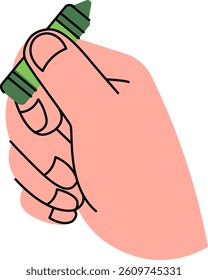 A hand grips a crayon in a simple, bold line style. Fingers wrap around the crayon with minimalistic detail. Cartoon vector illustration.