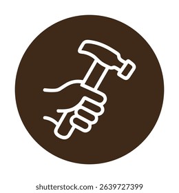 Hand grips hammer in brown circle. Icon symbol illustration