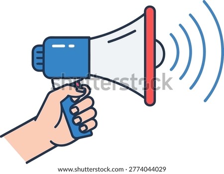 A hand grips a megaphone, broadcasting a message. Sound waves emanate from the speaker, symbolizing announcement or alert.