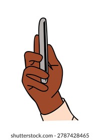 Hand grips phone vertically. Finger placement shows casual use. Simple, clean lines define the gesture. Suggests communication, navigation, or browsing. Ideal for tech, mobile, or daily life contexts